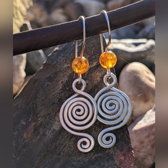 Sterling Silver Baltic Amber Earrings Tribal Spiral Metallic Statement - Picture 10 of 16